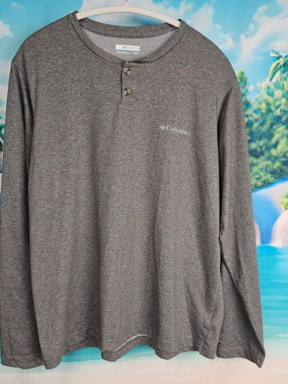 Henley Long Sleeve Columbia Mens Gray T Shirt M Medium Casual Top Button